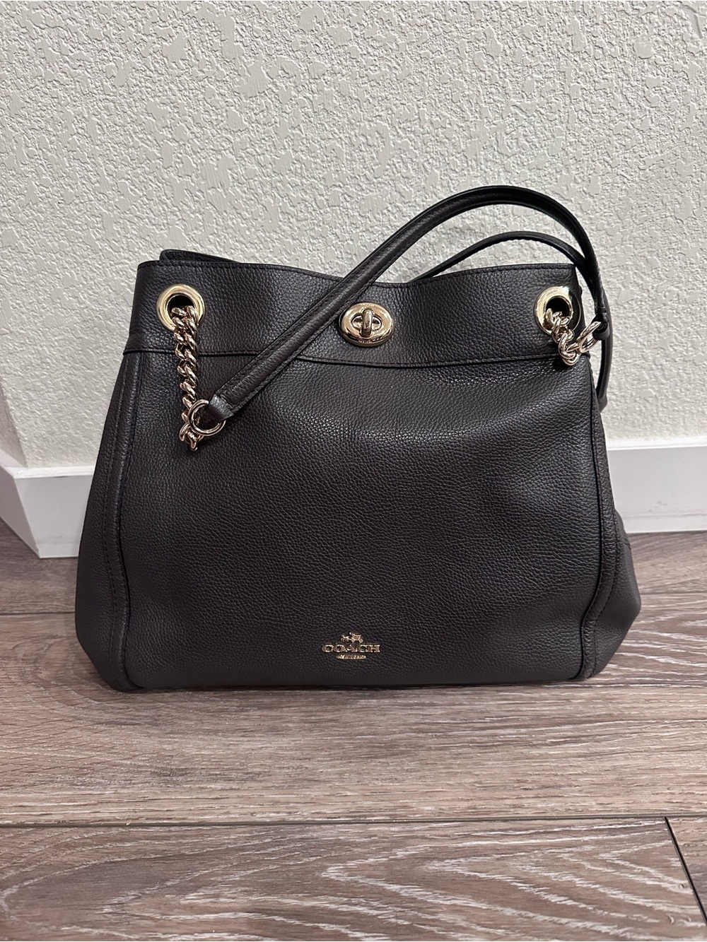 Coach Edie Turnlock Dark Brown Pebbled Leather Shoulder Purse with Gold Hardware